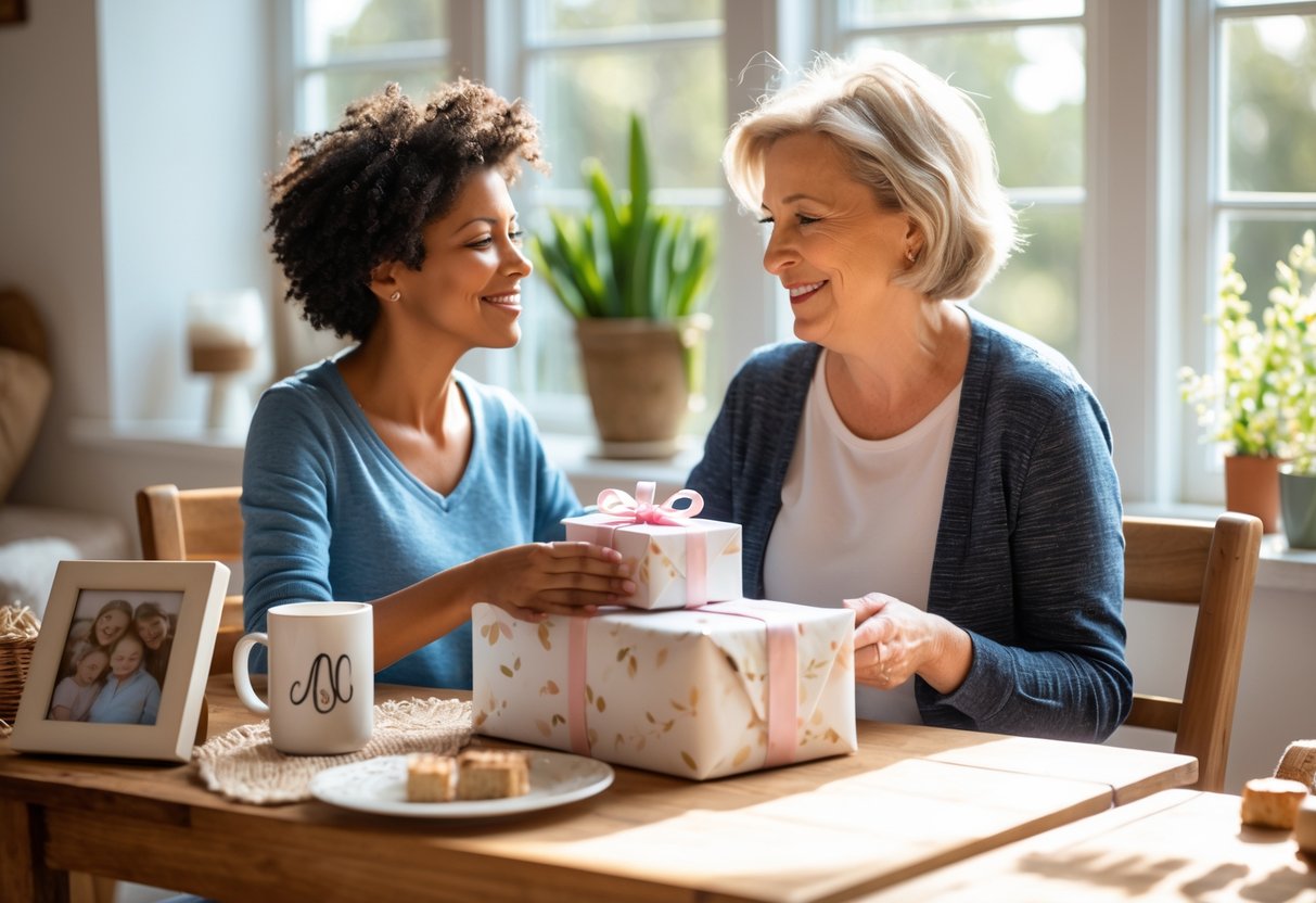 A mother and adult child sitting at a table as the child gives a wrapped personalized gift to the smiling mother in a bright room with plants.