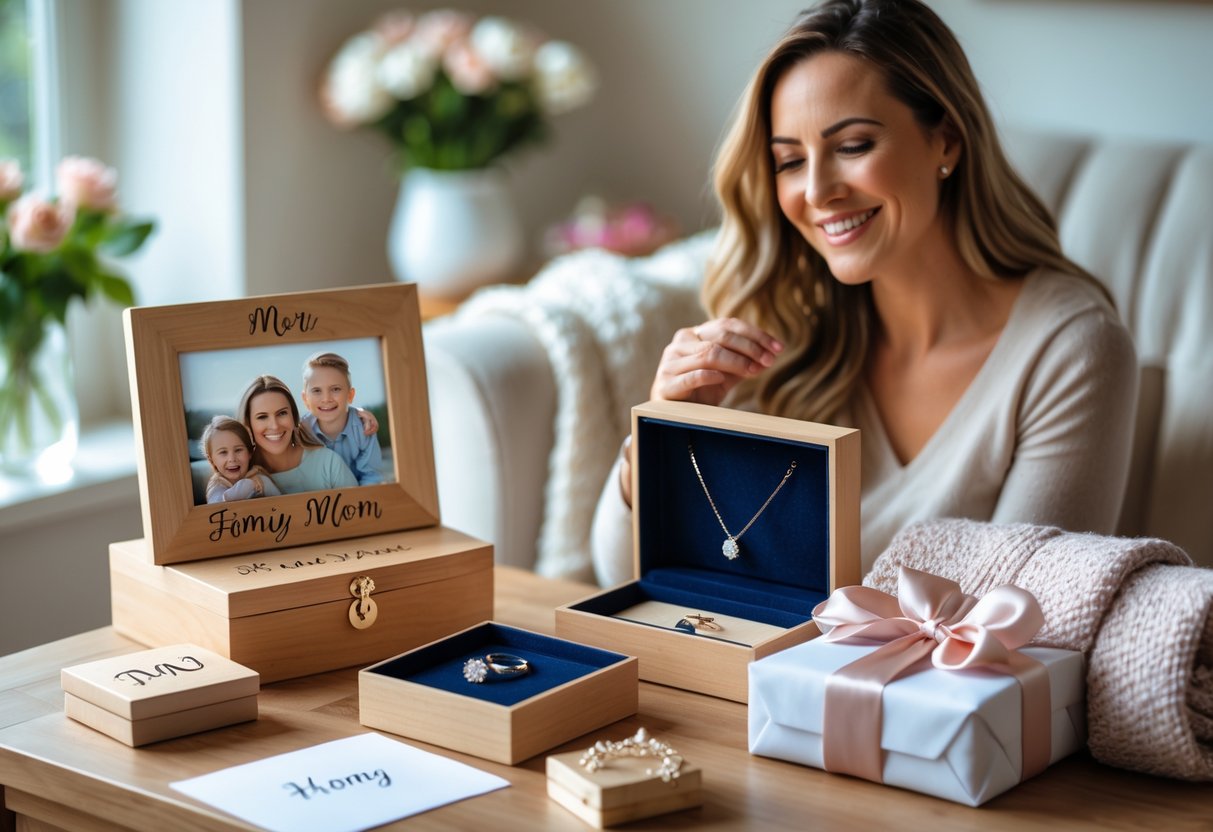 A mother smiling warmly as she looks at a collection of personalized gifts including a photo frame, jewelry box, knitted blanket, wrapped gift, and a handwritten card on a wooden table.