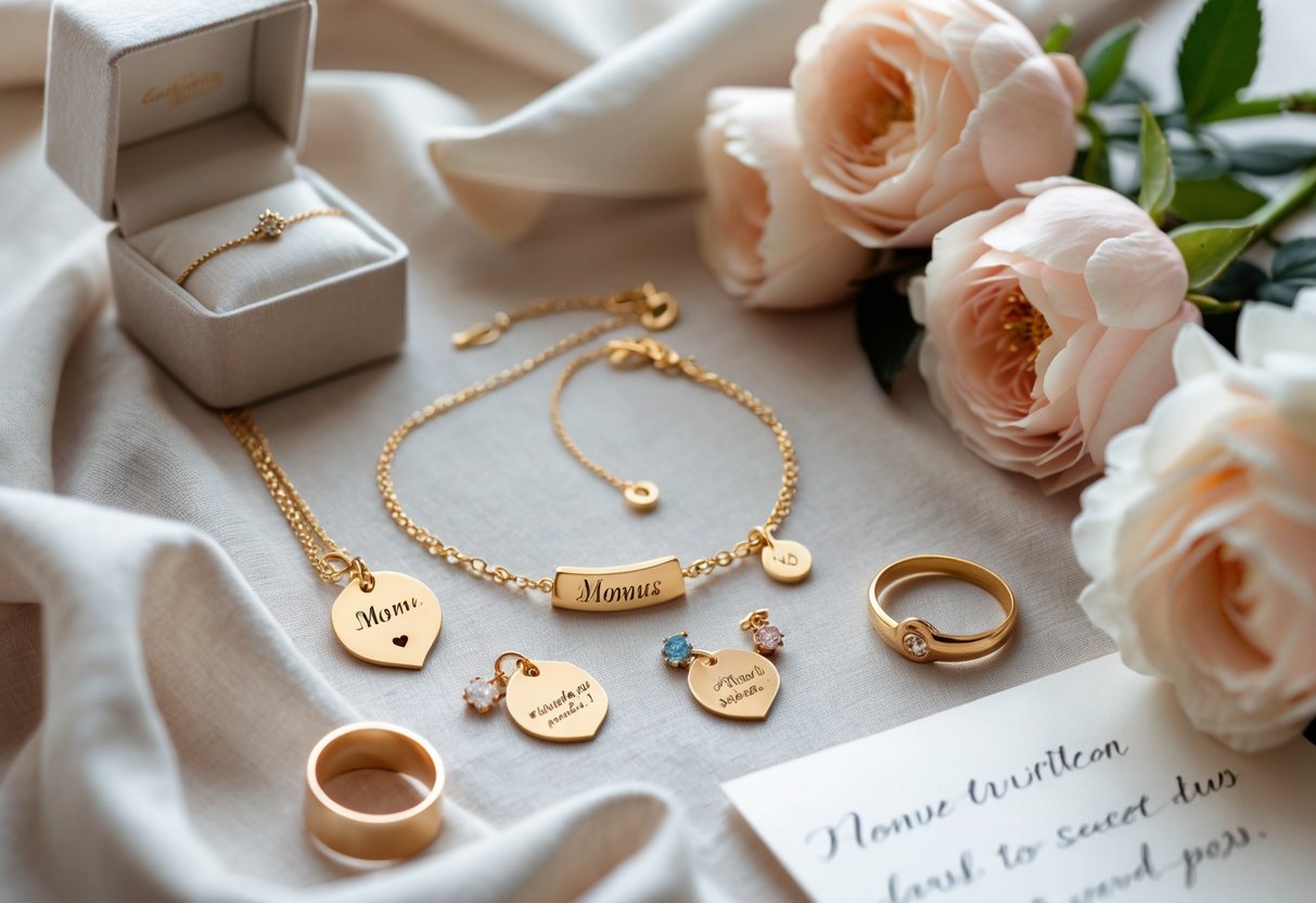 Close-up of custom jewelry including a gold name necklace, charm bracelet, and engraved ring arranged with a jewelry box, handwritten note, and flowers on a soft fabric background.