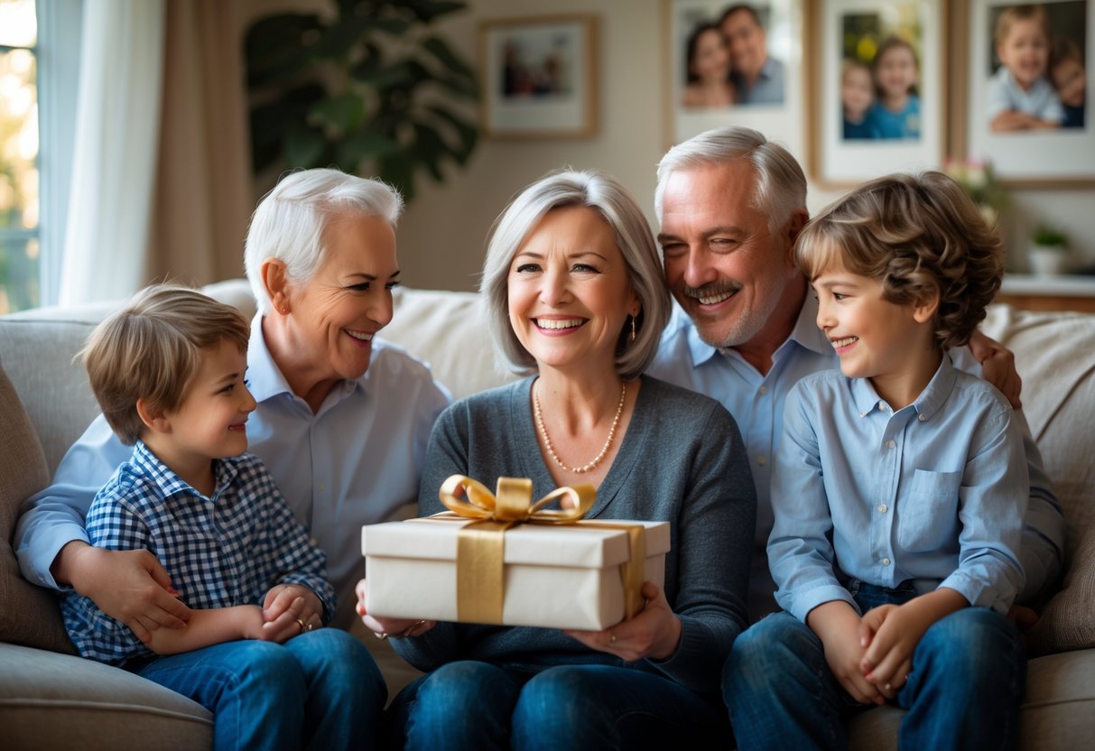 A mother holding a personalized gift surrounded by her children and grandchildren in a cozy living room, all smiling and sharing a happy family moment.