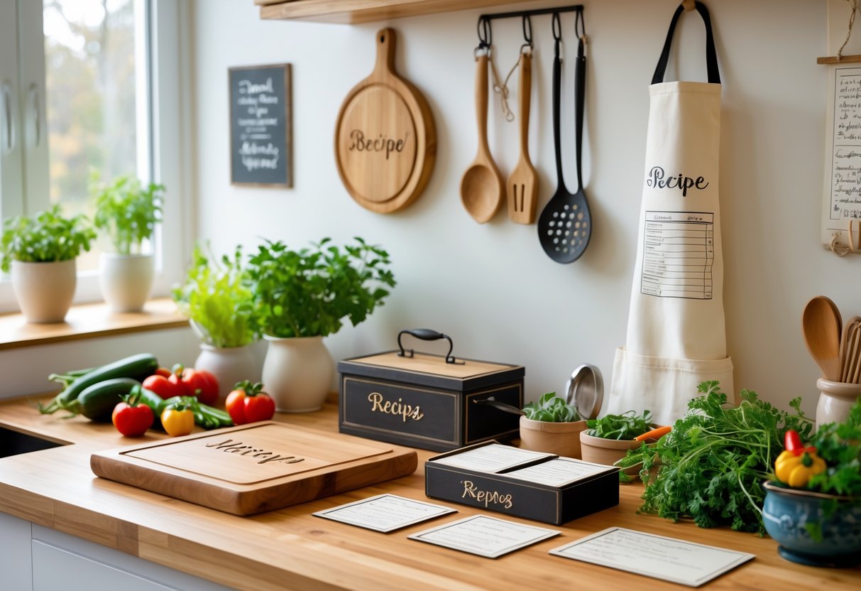 A kitchen countertop displaying personalized cutting boards, monogrammed aprons, recipe cards, and fresh herbs in a cozy kitchen setting.