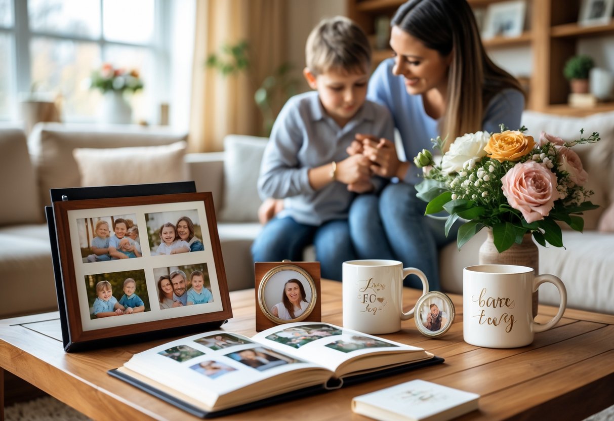 A mother and adult child sharing a tender moment near a coffee table with personalized gifts and keepsakes including a photo album, engraved locket, ceramic mug, and flowers.