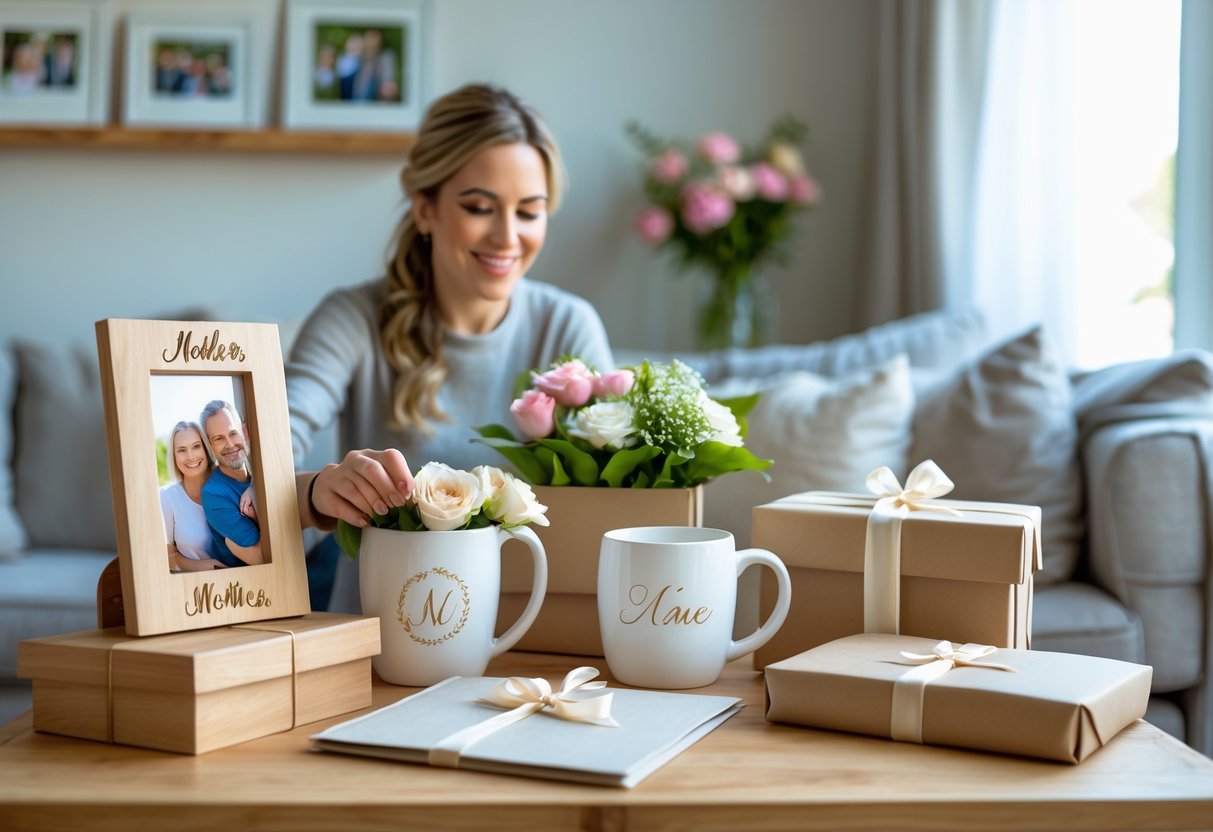 A woman selecting personalized gifts on a wooden table in a cozy living room filled with flowers and family photos.
