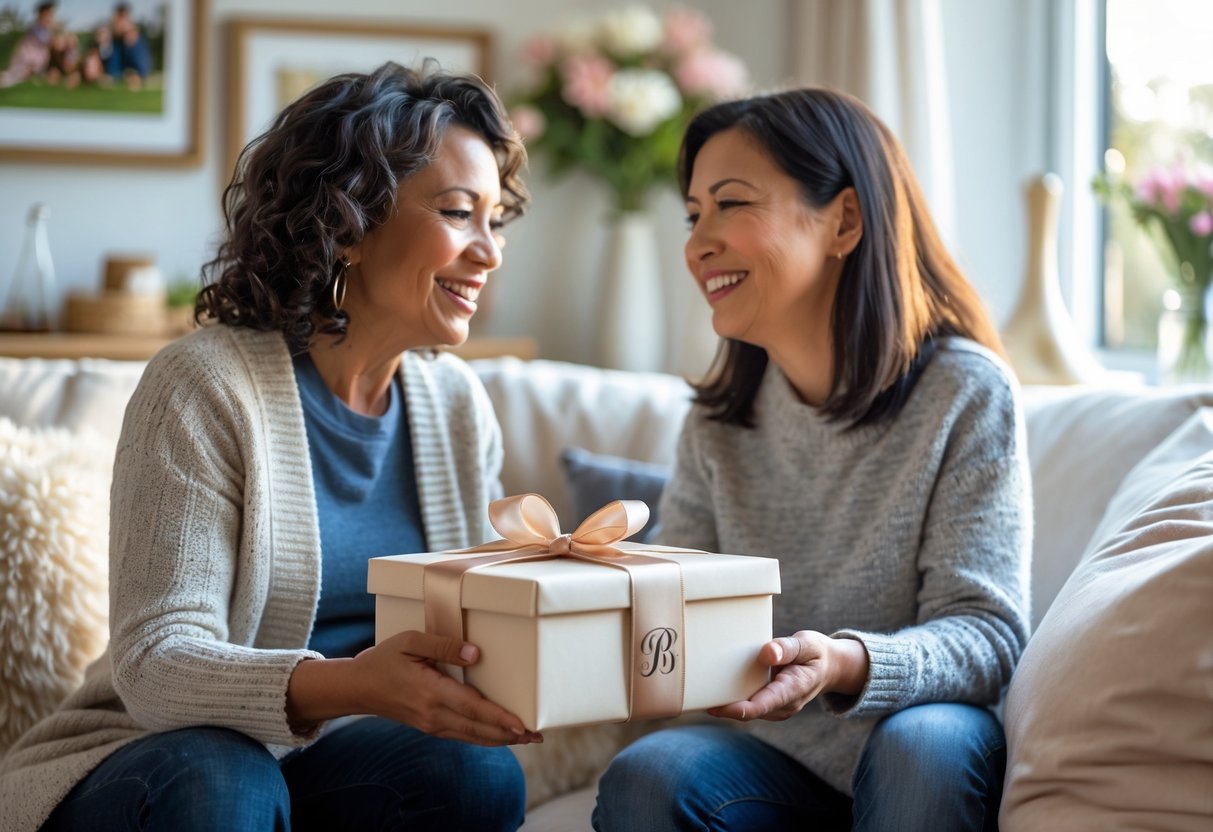A mother receiving a beautifully wrapped personalized gift from her adult child in a cozy living room, both smiling warmly.
