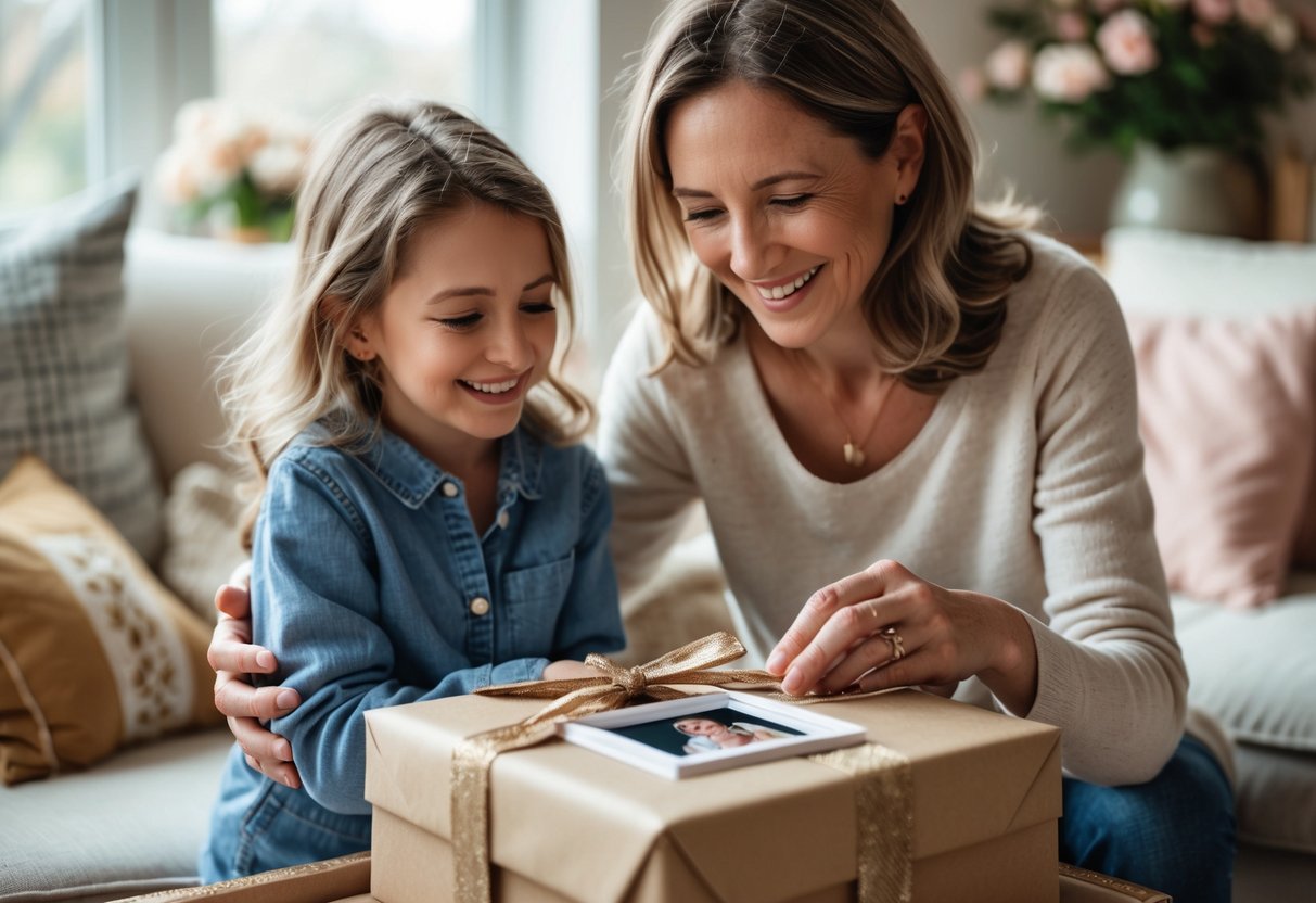 A mother happily opening a personalized gift given by her adult child in a cozy living room.