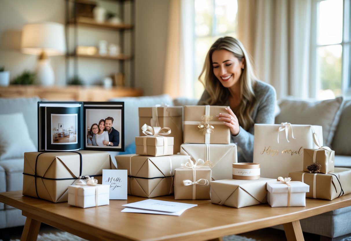 A mother smiling while looking at personalized gifts on a wooden table in a cozy living room.