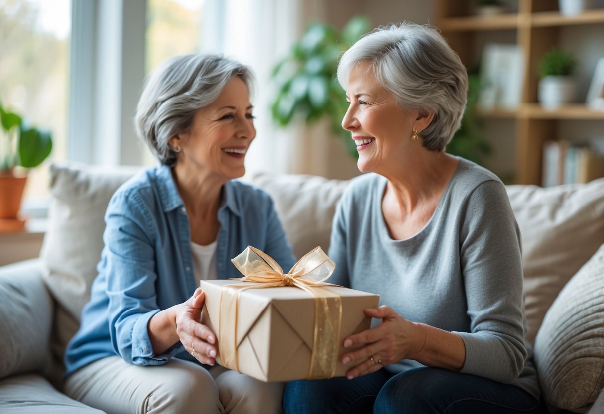 A mother happily receiving a personalized gift from her adult child in a cozy living room.