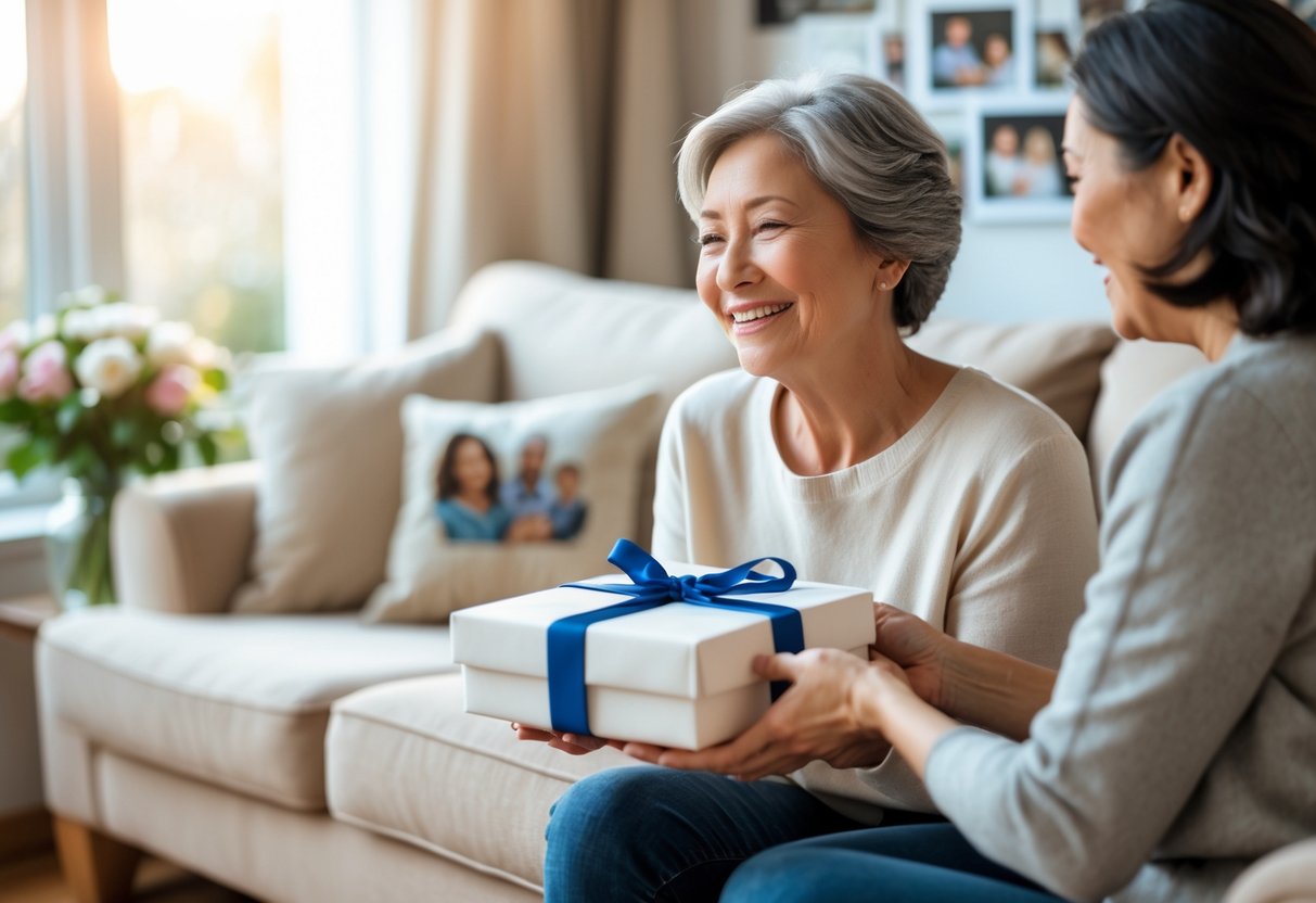 A mother smiling as she receives a personalized gift from her adult child in a cozy living room.