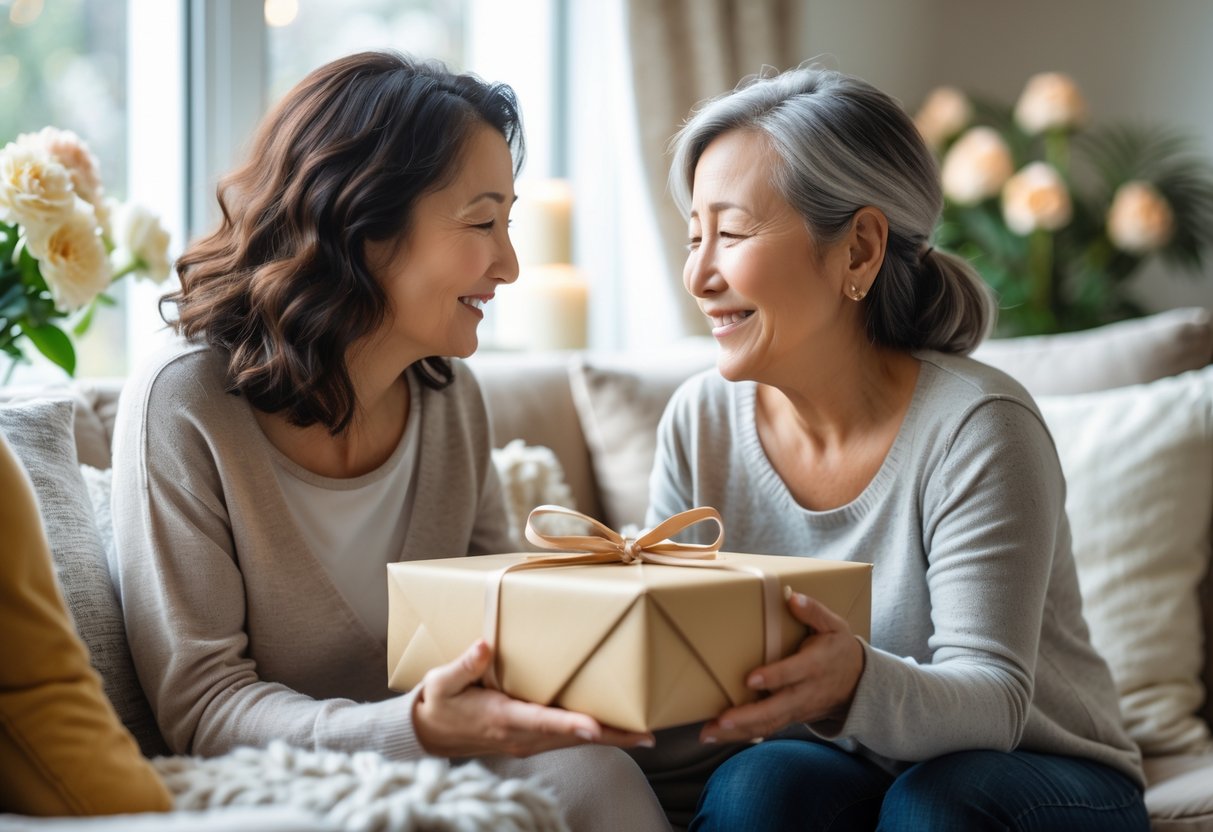 A mother and adult child sharing a warm moment as the child gives the mother a personalized gift in a cozy living room.