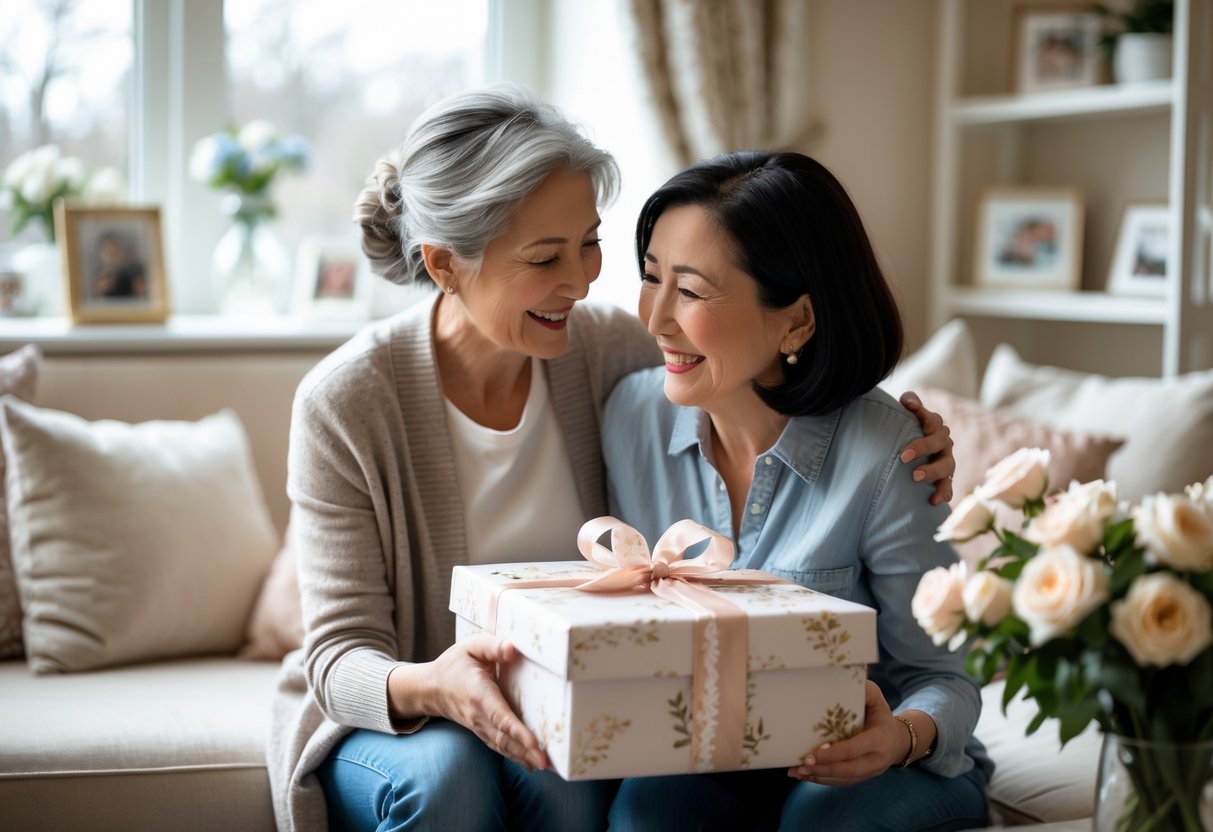 A mother receiving a beautifully wrapped personalized gift from her adult child in a cozy living room, both smiling warmly.
