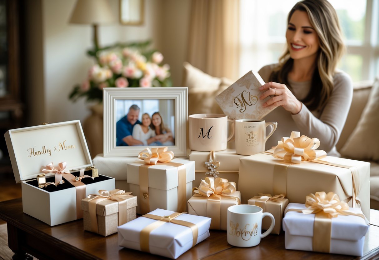 A woman holding a personalized gift surrounded by various wrapped presents on a wooden table in a cozy living room.