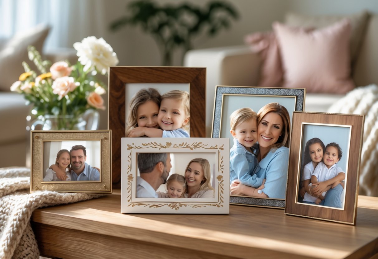 A collection of personalized photo frames on a wooden table showing family moments, surrounded by flowers and a cozy blanket in a living room.