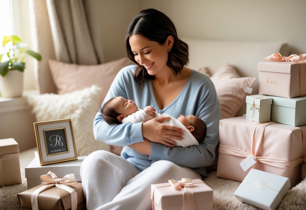A new mother holding her newborn baby surrounded by personalized wrapped gifts in a softly lit nursery.