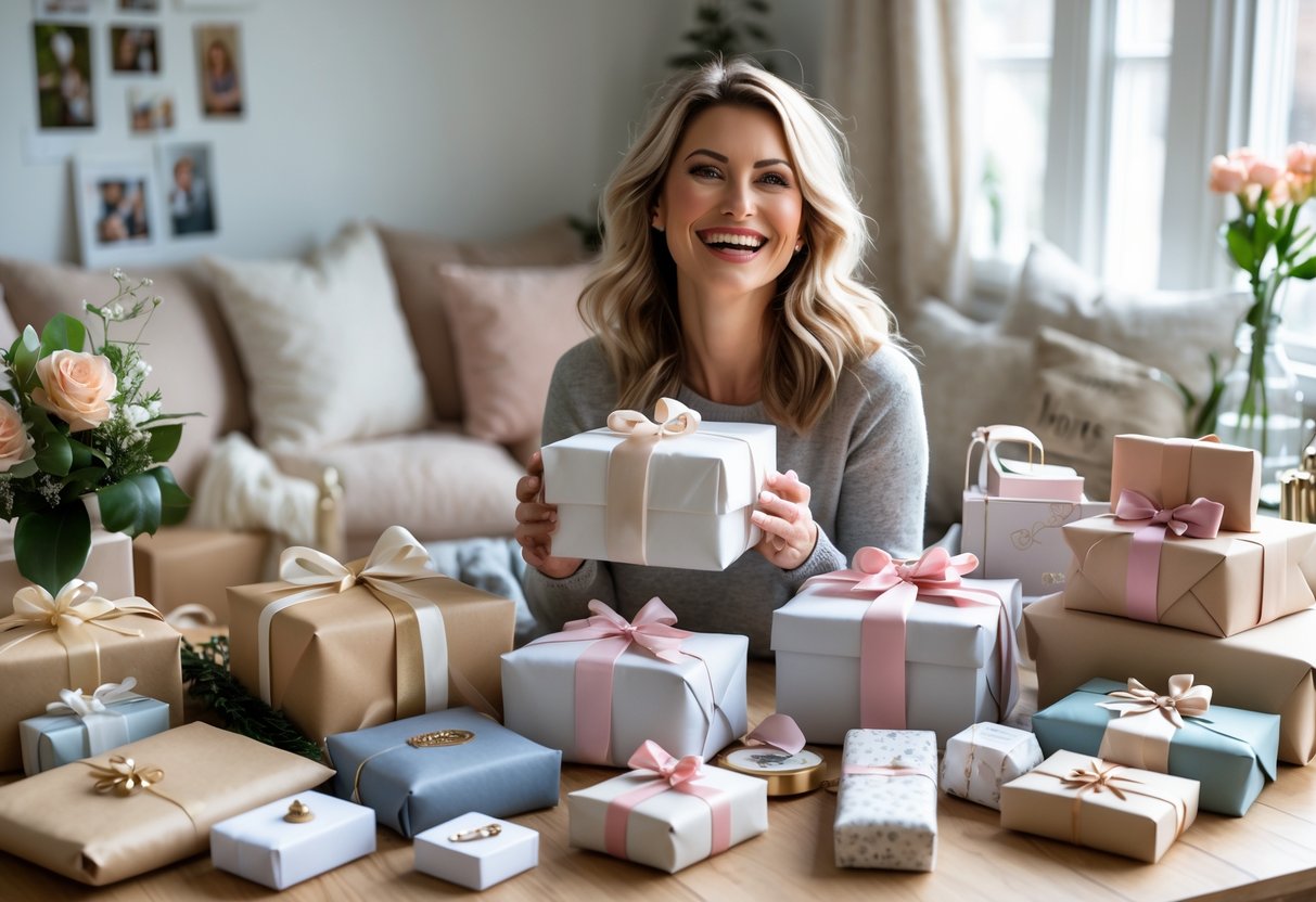 A mother happily receiving personalized gifts in a cozy, sunlit room filled with flowers and family photos.