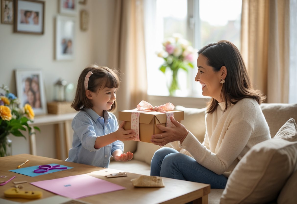 A child giving a beautifully wrapped personalized gift to their smiling mother in a cozy living room.