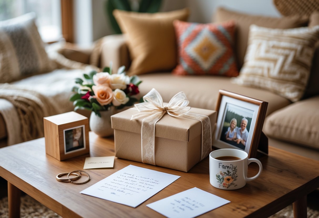 A cozy living room scene with a wrapped gift box, personalized items like a jewelry box and photo frame, and fresh flowers arranged on a wooden table.