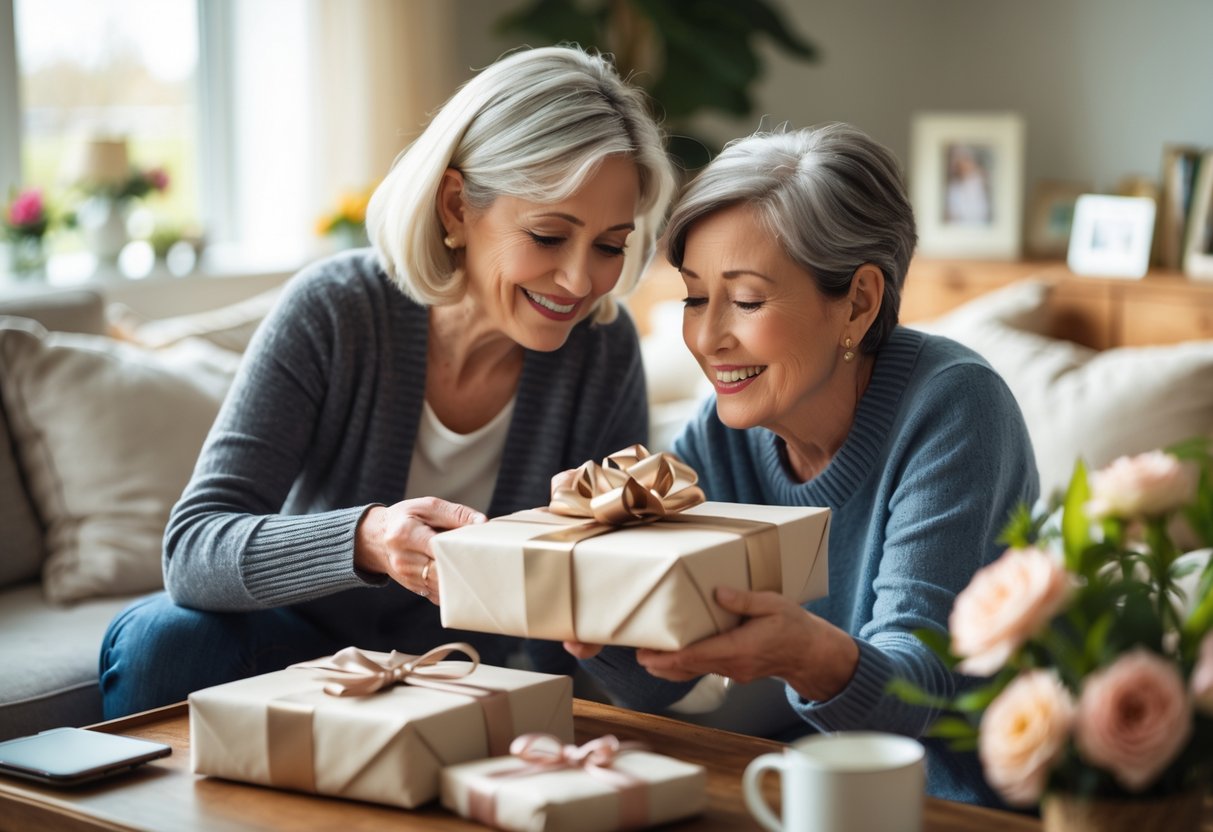 A mother and adult child sharing a warm moment as the mother unwraps a personalized gift in a cozy living room.