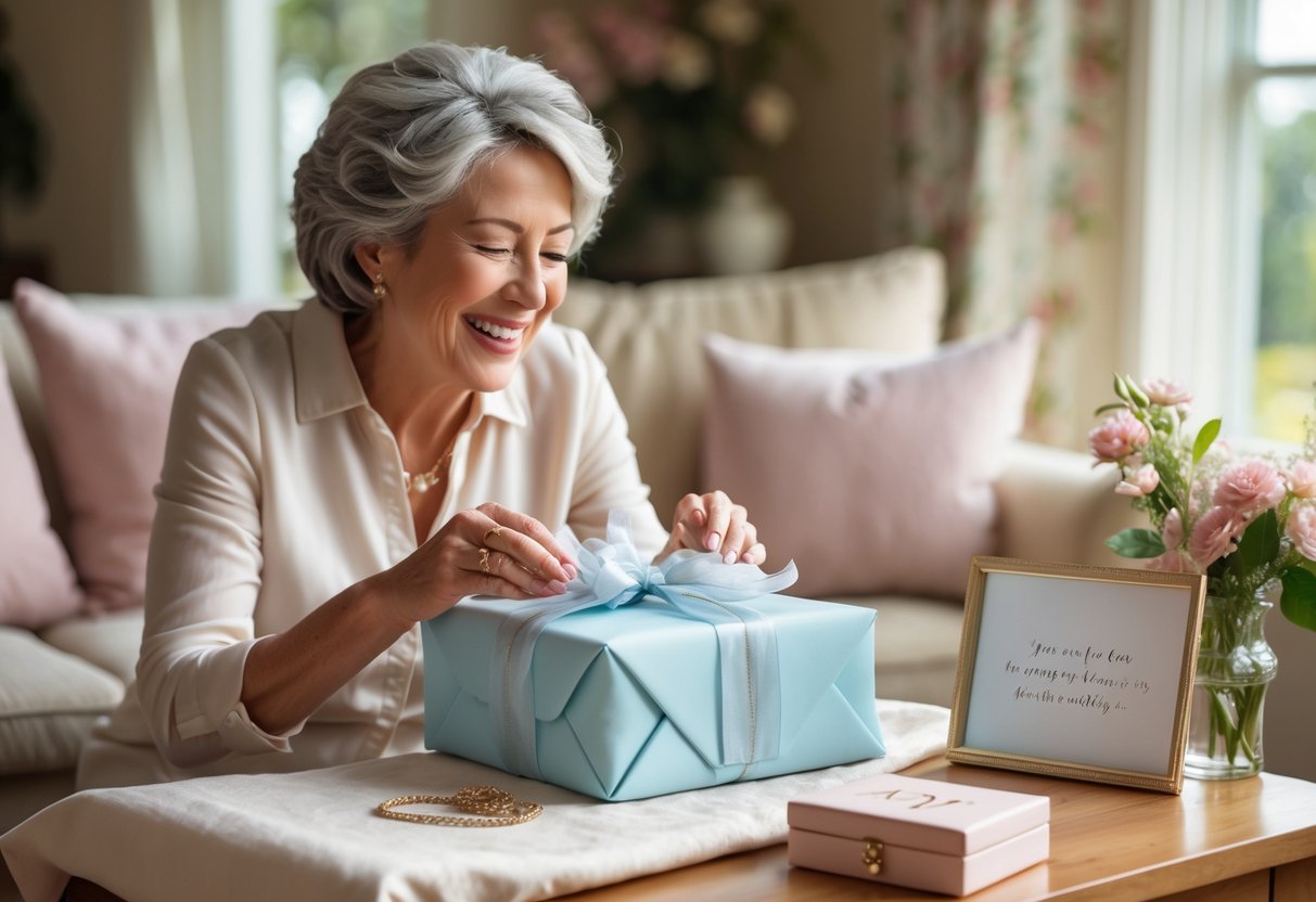 A woman happily opening a personalized gift in a cozy living room with several custom items on a table nearby.