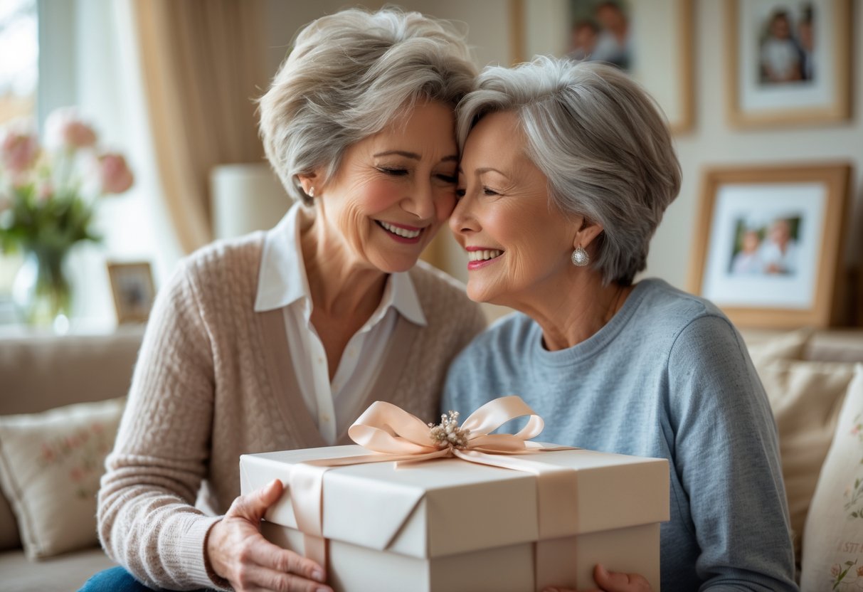 A mother smiling as she receives a wrapped personalized gift from her adult child in a cozy living room.