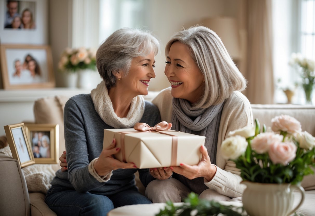 A mother and adult child sharing a joyful moment as the child gives the mother a wrapped personalized gift in a cozy living room.
