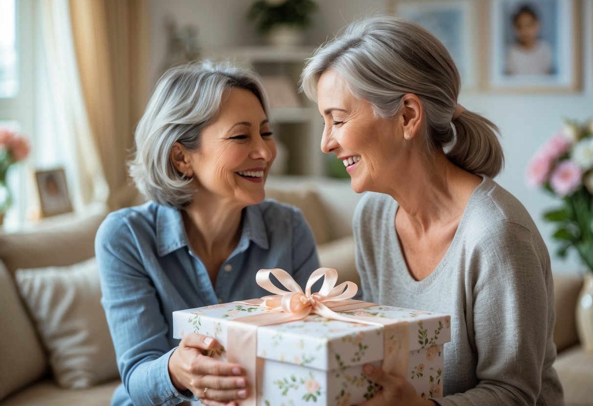 A mother and adult child sharing a joyful moment as the child gives the mother a beautifully wrapped personalized gift in a cozy living room.