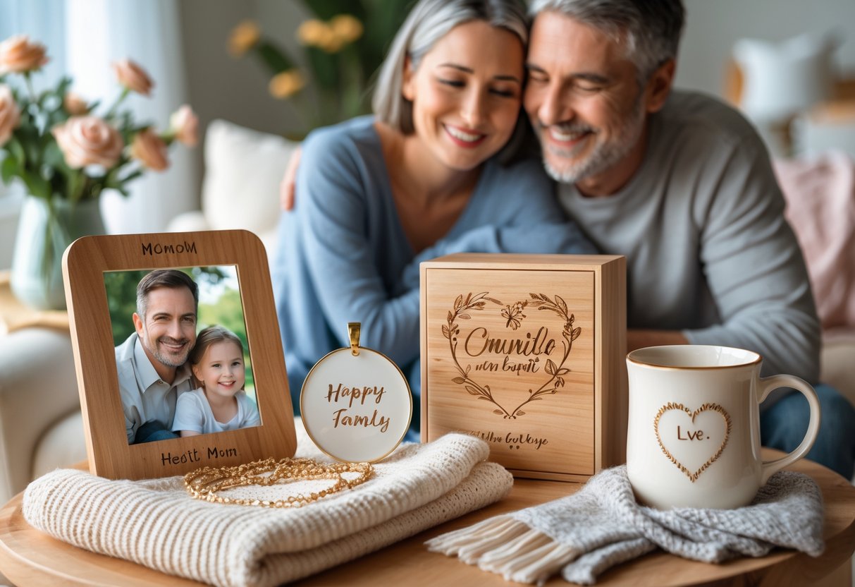 A variety of personalized gifts for moms displayed on a table with a mother and adult child sharing a warm moment in the background.