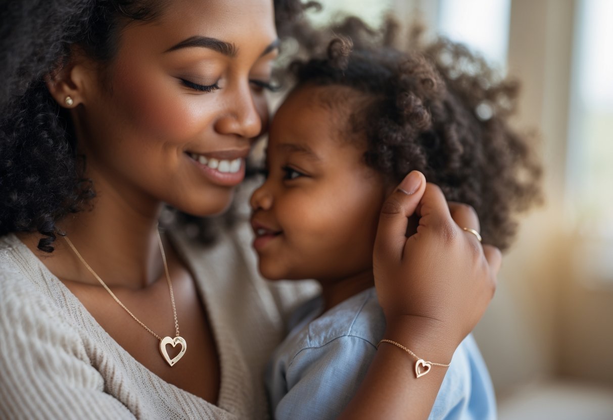 A mother and child sharing a tender moment with the mother's hand wearing personalized jewelry.