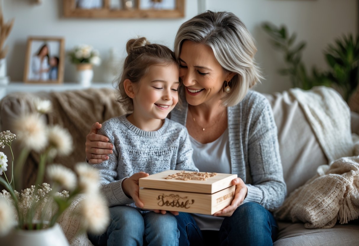 A mother and adult child sharing a tender moment as the mother holds a personalized keepsake gift in a cozy living room.