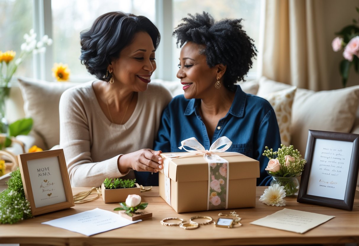 A mother and adult child sharing a warm moment as the child gives the mother a wrapped personalized gift in a cozy living room.