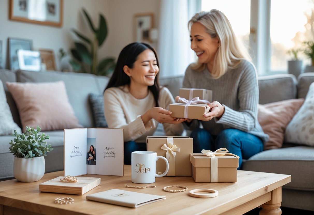 A mother and adult child share a joyful moment as the child gives her a personalized gift in a cozy living room filled with various customized presents on a wooden table.