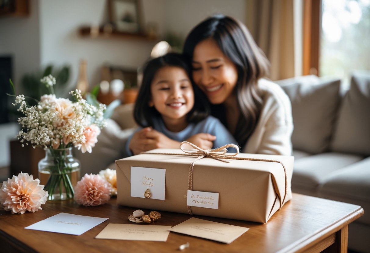 A mother and adult child sharing a joyful embrace near a table with a beautifully wrapped personalized gift and flowers.