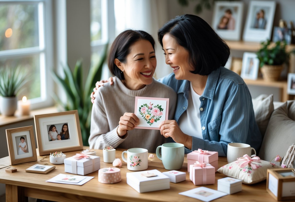 A mother and adult child sitting at a table surrounded by handmade personalized gifts, sharing a joyful moment together.