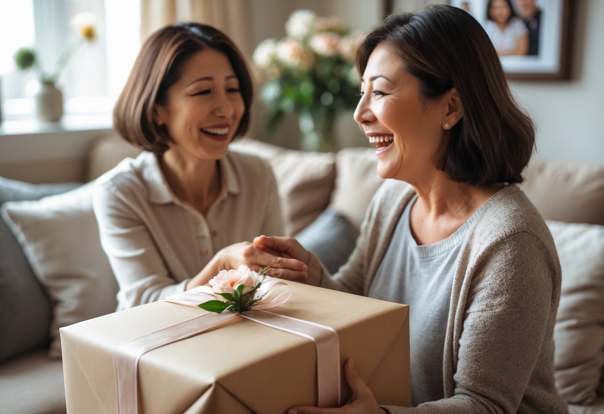 A person giving a beautifully wrapped gift to their smiling mother in a cozy living room.