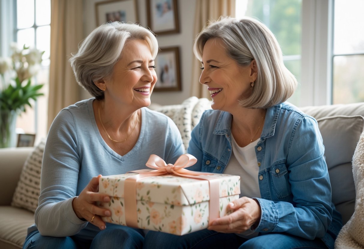 A mother and adult child sharing a warm moment as the child gives the mother a beautifully wrapped personalized gift in a cozy living room.