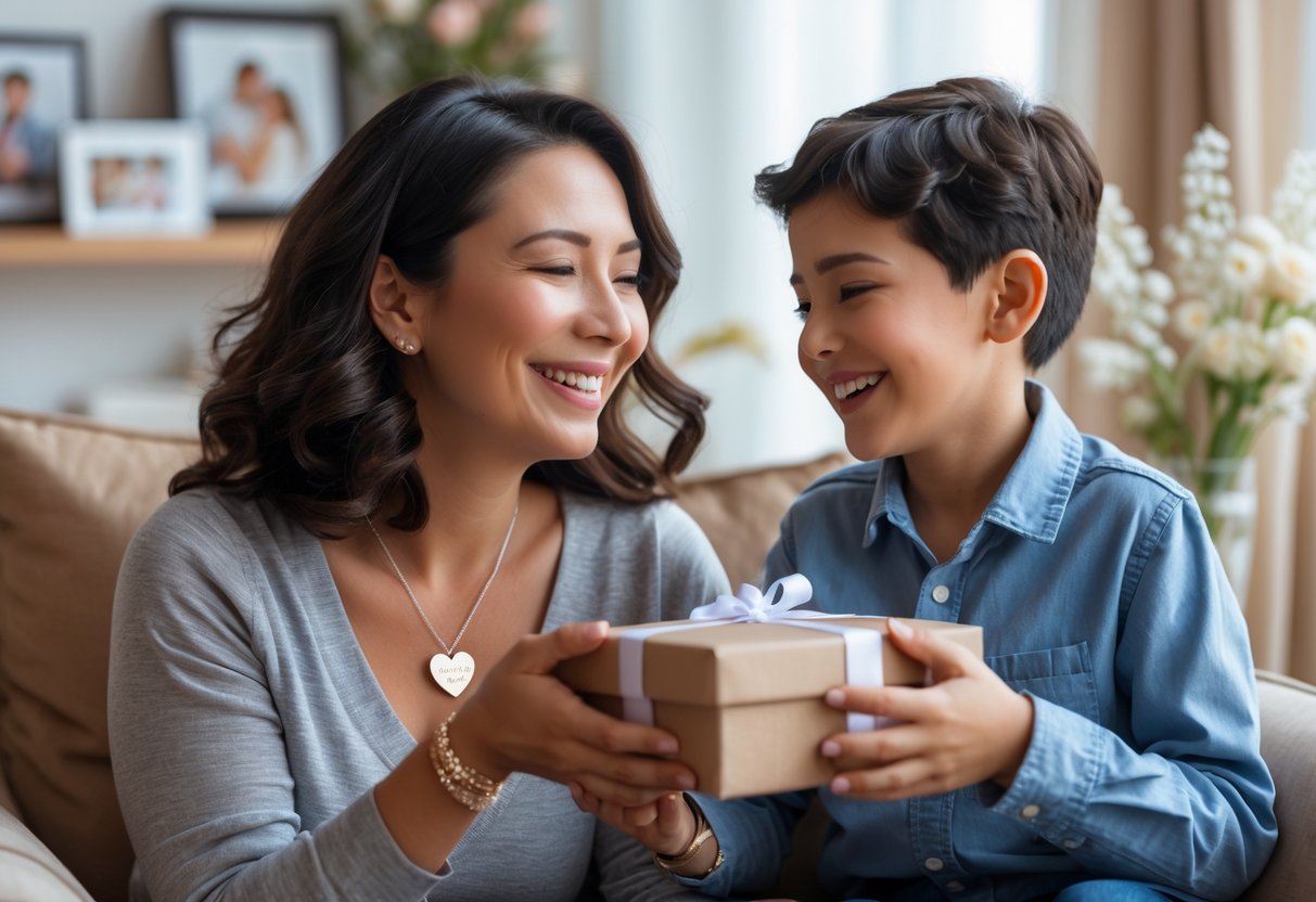 A mother and adult child sharing a joyful moment as the mother wears personalized jewelry, with a cozy living room background.