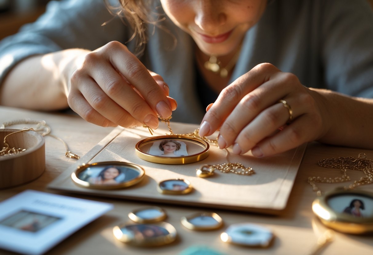 Close-up of a person crafting personalized jewelry from keepsakes in a cozy workspace.