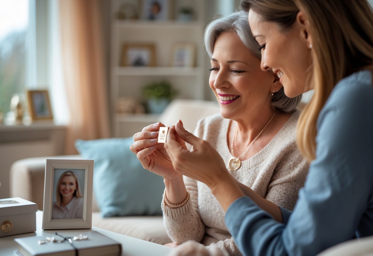 A person giving their mother a personalized piece of jewelry, both smiling warmly in a cozy living room.