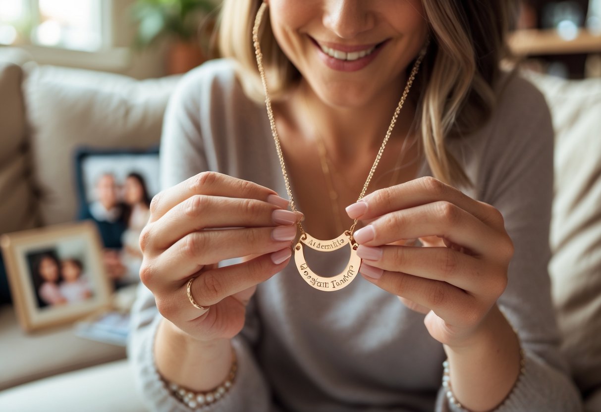 A mother holding a personalized family necklace with engraved names, smiling gently in a cozy room.