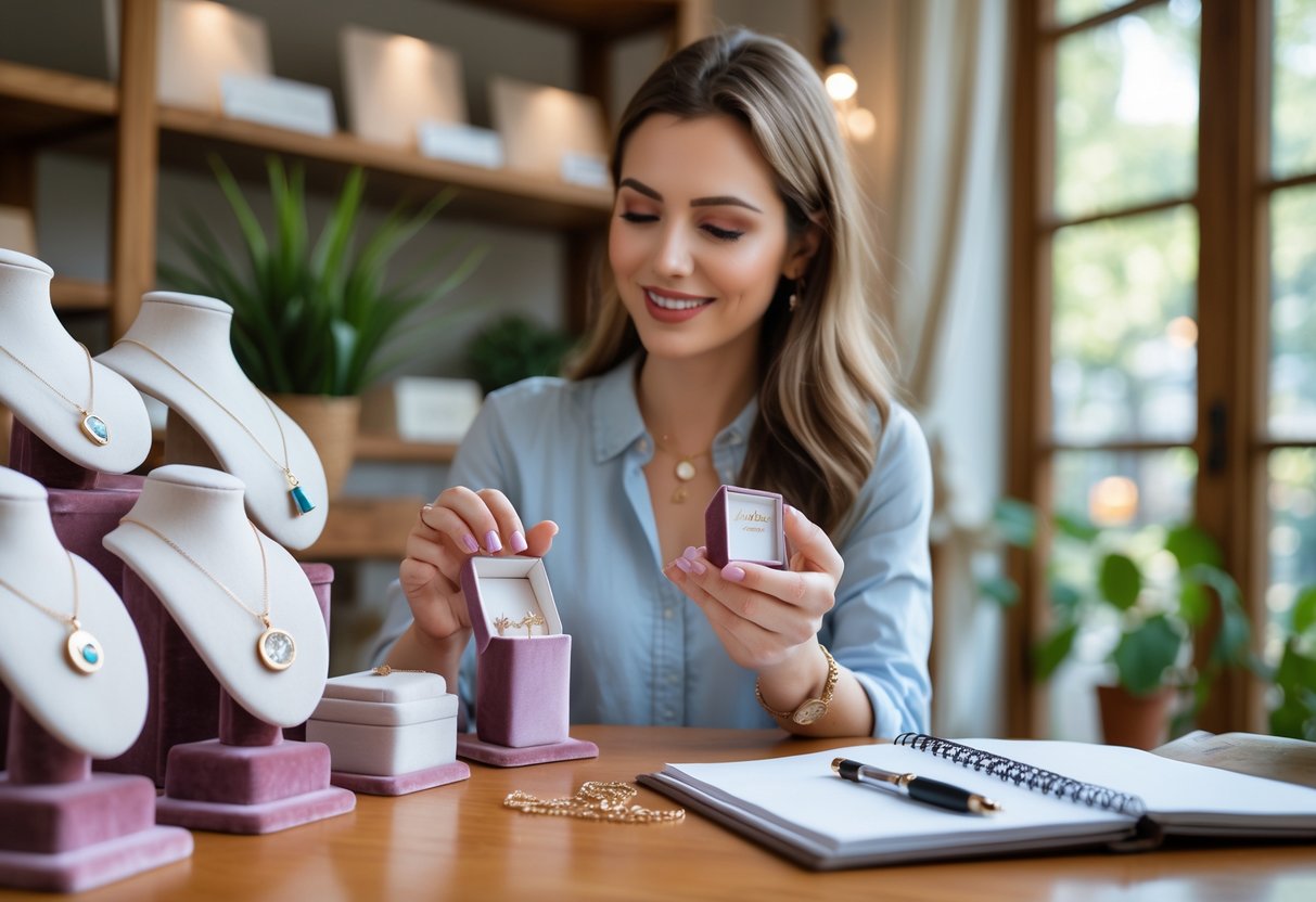 A woman selecting personalized jewelry gifts in a jewelry store, holding a small box with a charm, with a notebook and pen on a table nearby.