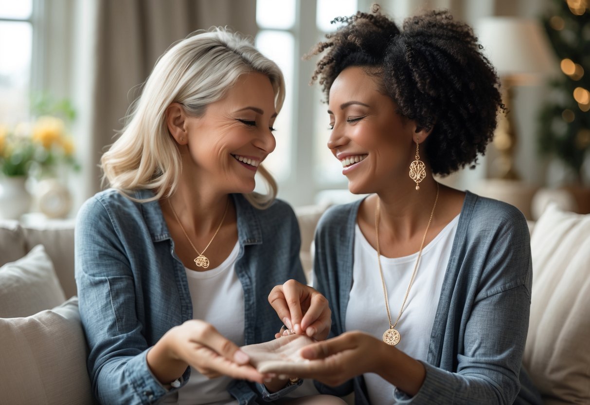 A mother and adult child smiling warmly as they share a personalized piece of jewelry in a cozy living room.