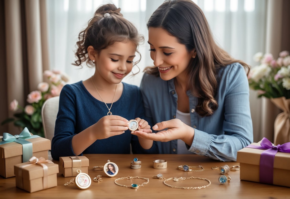 A mother and adult child sitting at a table, sharing a moment while looking at personalized jewelry gifts.