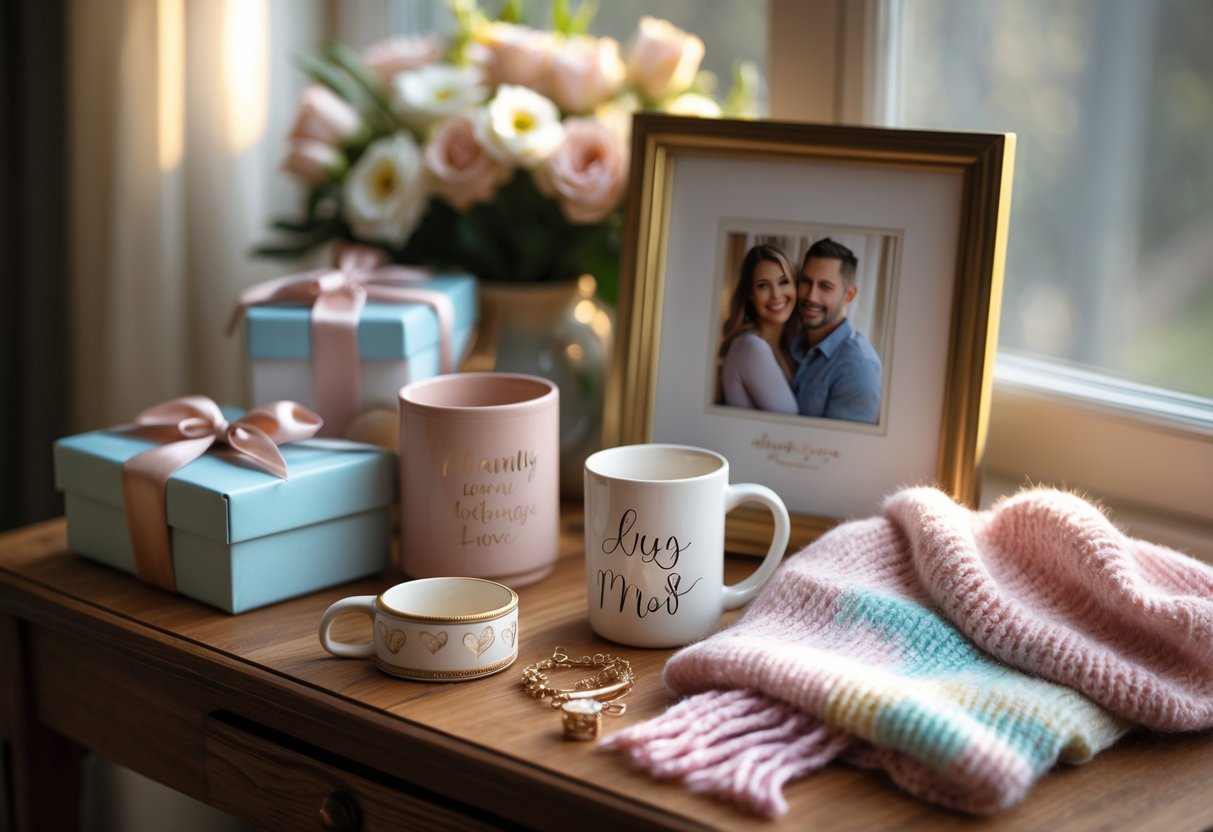 A table displaying various custom gifts including engraved jewelry, a hand-painted mug, a knitted scarf, and a framed photo collage with flowers in the background.