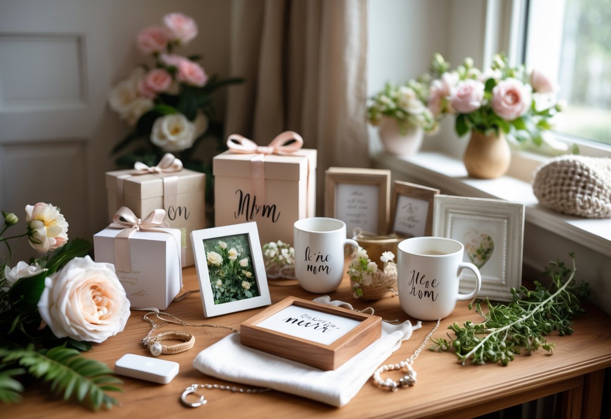 A table displaying a variety of personalized gifts for moms, including jewelry, keepsake boxes, mugs, and photo frames, arranged with flowers and soft natural light.