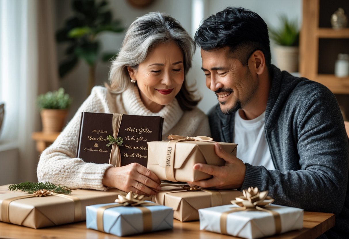 A mother and adult child sitting together at a table exchanging personalized gifts, sharing a warm and emotional moment.