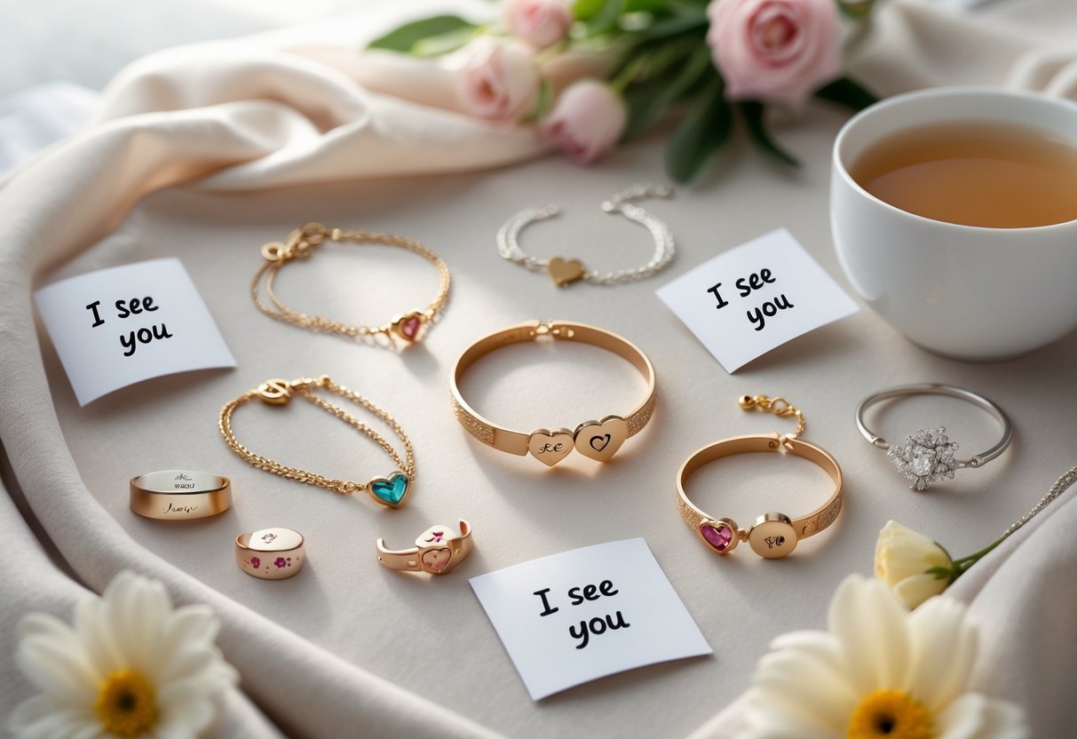A collection of personalized gold and silver jewelry pieces displayed on soft fabric with flowers and a cup of tea nearby.