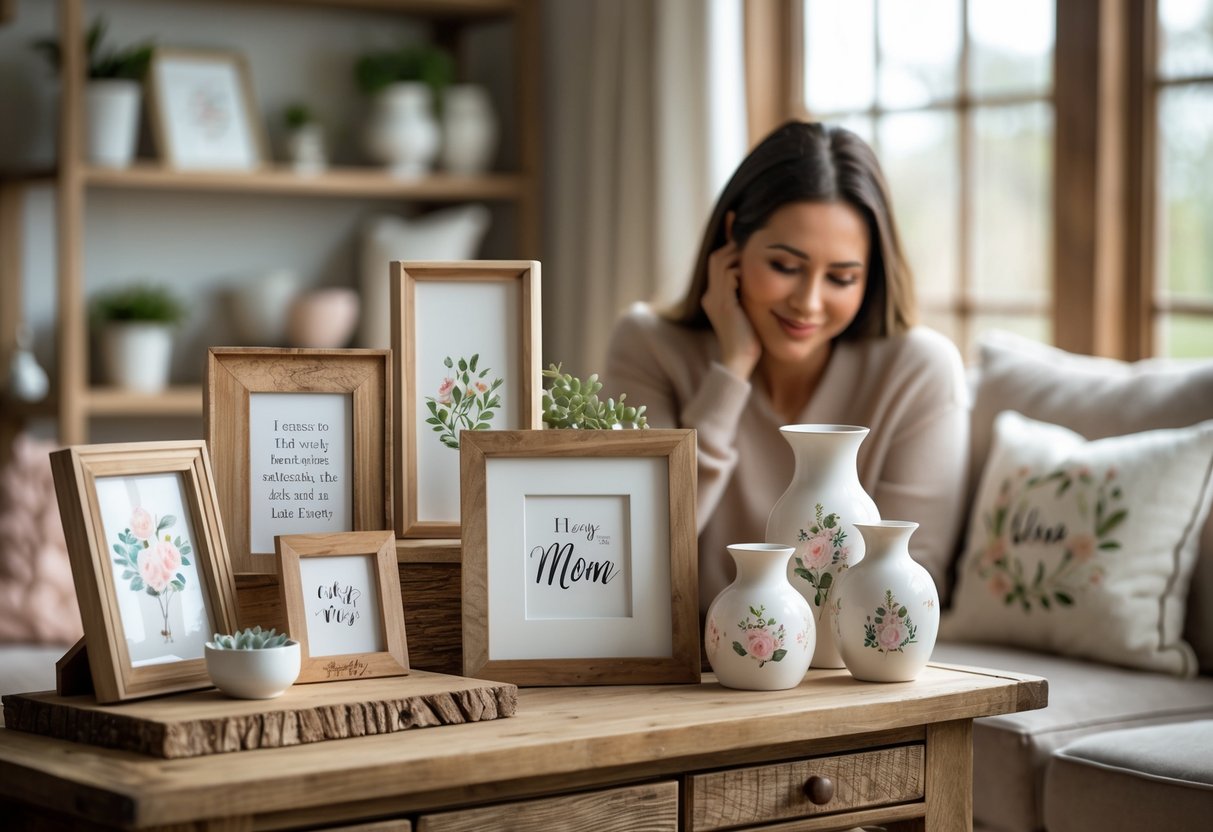 A mother smiling warmly as she looks at a collection of personalized home decor gifts displayed on a wooden table in a cozy living room.