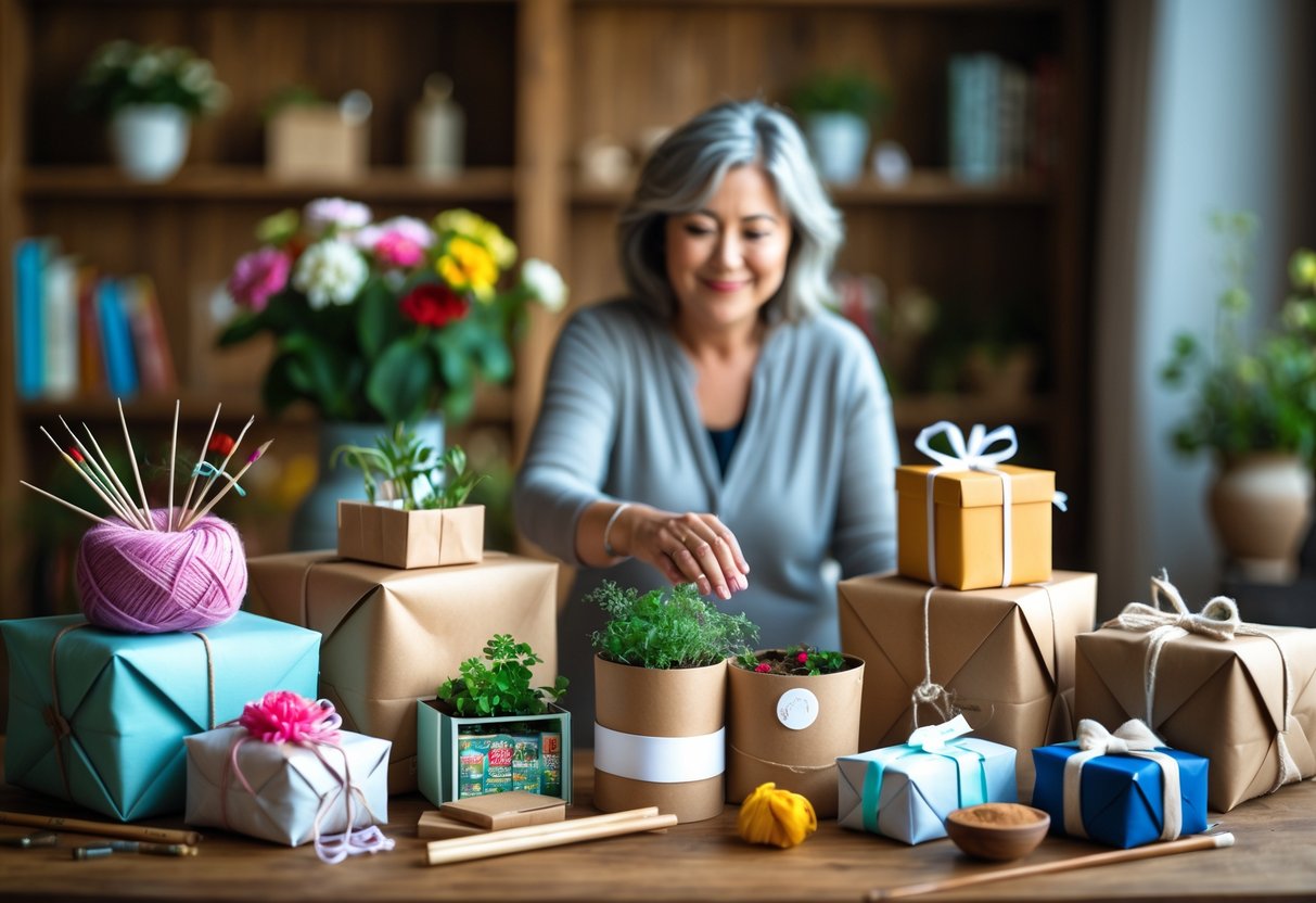 A smiling woman reaching for a variety of beautifully wrapped custom gifts on a wooden table, each representing different hobbies like knitting, gardening, cooking, and painting.