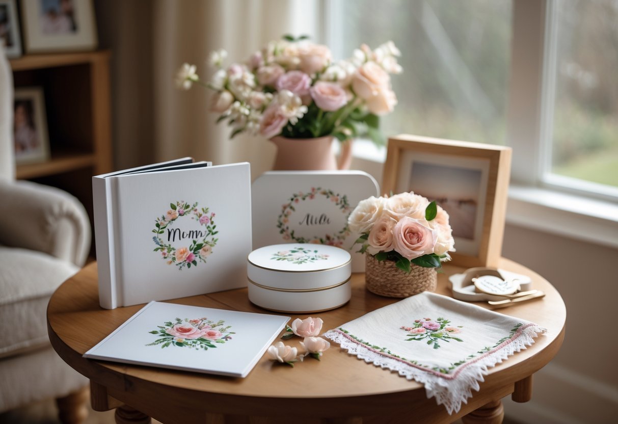 A cozy table displaying personalized gifts for a mother, including a photo album, jewelry box, embroidered handkerchief, and fresh flowers in a warm, homey setting.