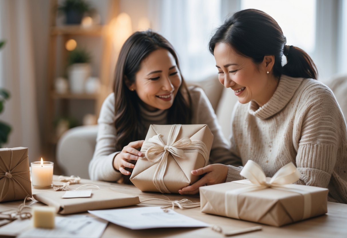 A mother and adult child sharing a warm moment as the child gives a thoughtfully wrapped custom gift to the mother in a cozy home setting.