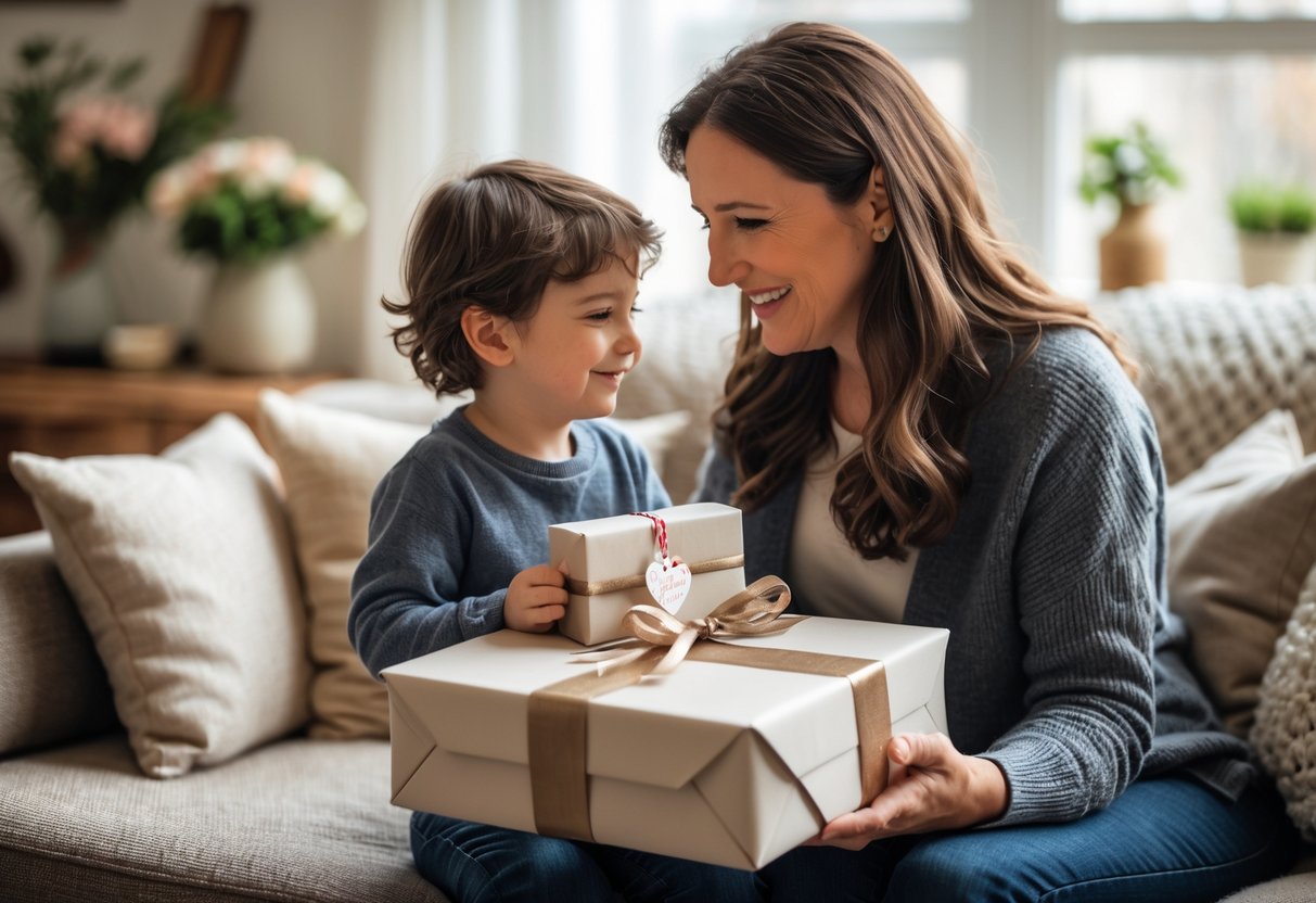 A child giving a beautifully wrapped custom gift to their mother in a cozy living room, with both showing warm and emotional expressions.